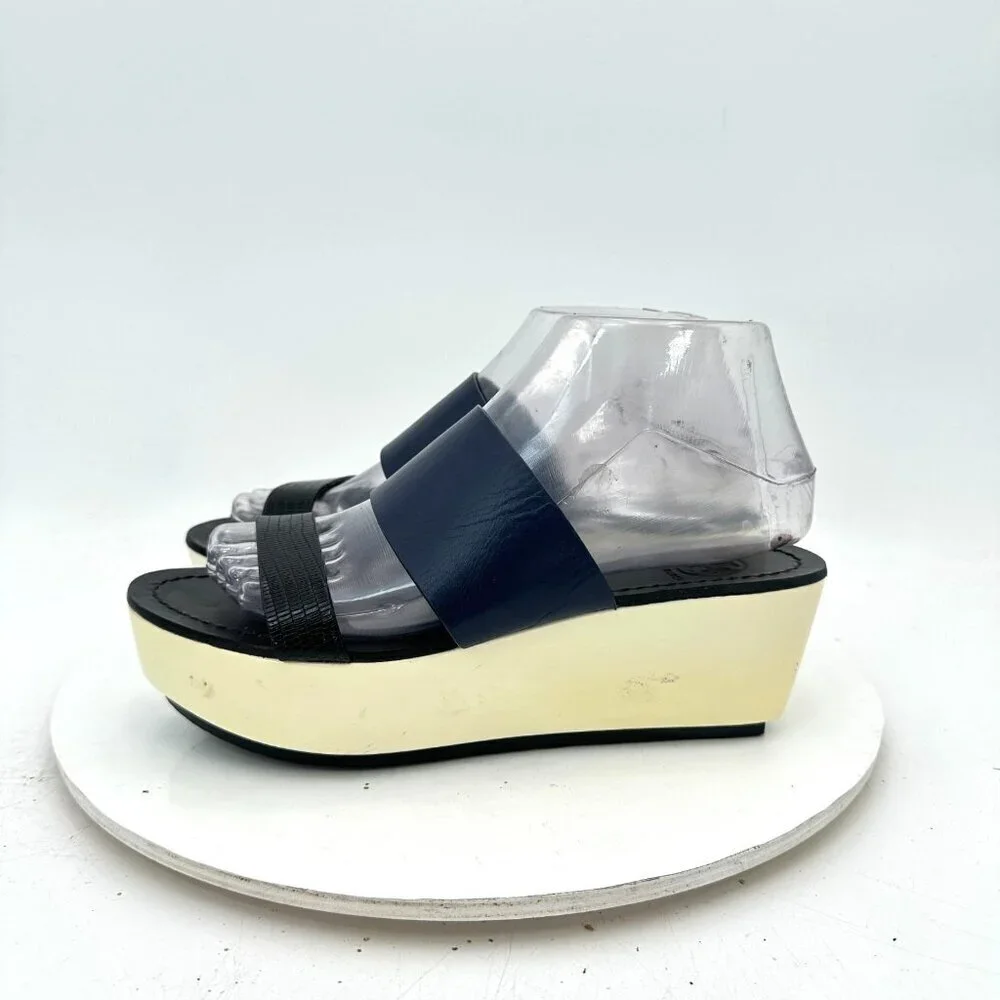 Tory Burch Women Size 6.5M Black Leather Open Toe White Sole Wedges Sandal